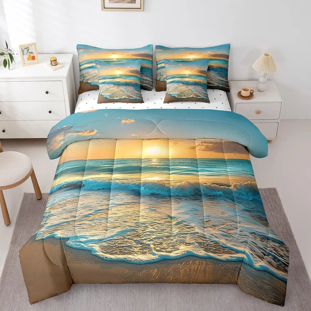 Feelyou Queen 7-Piece Microfiber Boho Western Bedding Set - Feel Cosy Bed-in-A-Bag with Comforter, Sheets, Pillowcases, Cushion Cover, Beach & Animal Theme Decor for Bed Upgrade, Easy Clean Machine Washable (Multi-Size Option Available)