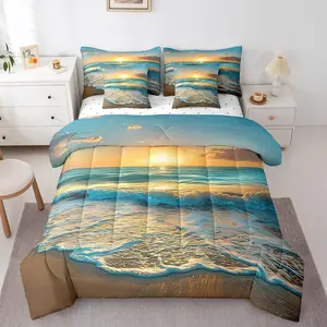Feelyou 7-Piece Microfiber Beach & Bedroom Bedding Set - Sea-Printed Nature Pattern Bed-in-A-Bag with Comforter, Sheets, Pillowcases, and Cushion Cover