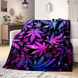 Flannel Leaf & Star Print Throw Blanket - Purple & Blue Cosmic Design, All-Season Machine Washable for Bed, Couch, Rustic Home Decor, Gift, Throw Blankets