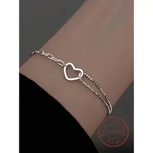 925 Sterling Silver Simple Heart Design Bracelet, Charm Bracelet, Fashionable Jewelry for Women & Girls, Trendy All-match & Exquisite Jewelry for Birthday GiftGift