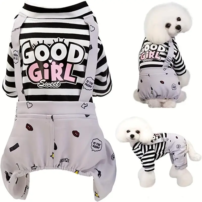 Comfortable Cat Clothing, Striped Dog Overalls, Cute Cartoon Letter Printed Pet Clothes for Spring & Summer