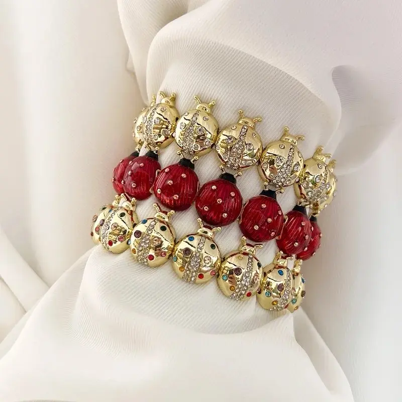 Women's Ladybug Beaded Stretch Bracelet, Fashion Jewelry with Gold Accents and Red Oil Dripping Effect, Adjustable 2.1-inch Fit, Bead, Inside 2.1", Adjustable Fit, Stretch Bangle, 2.1 Inches