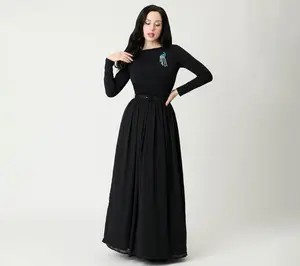 Unique Vintage Black & Peacock Brooch Maxi Dress