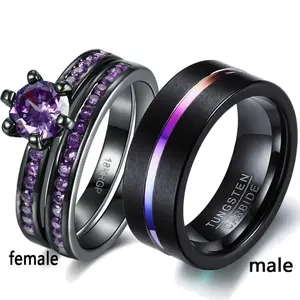Couple Rings His Her Wedding Ring Sets Matching Rings Purple CZ Black Rings Titanium Men Ring