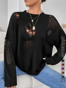 Women's Basic Minimalist Solid Color Ripped Drop Shoulder Sweater, Lady Soft Casual Comfort Long Sleeve Round Neck Jumper for Fall, Women's Knitwear for Daily Wear, Womenswear Knitting Tops
