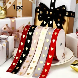 1pc 5m Gold Heart Ribbon, High-Quality Polyester Material, Holiday Decoration Ribbon, Gift Wrapping Cord, Korean Style Flower Arrangement Rope