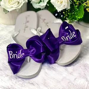 Purple & White Bride Glitter Bow Flip Flips,  Wedding Flat Sandals Footwear Women Wedding