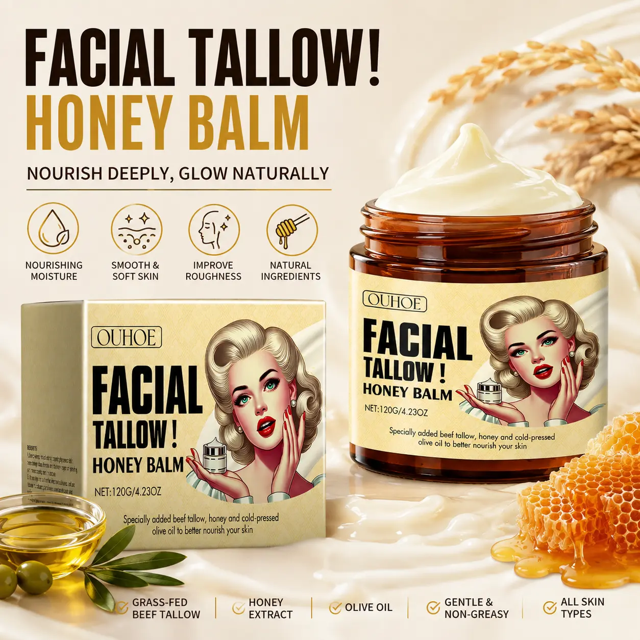 Beef Tallow for Skin - Organic Grass-Fed Whipped Beef Tallow and Honey Balm - Deeply Moisturizing for Face & Body - Natural Skin Care for Soft, Supple Skin
