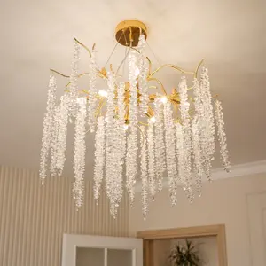 Modern Tree Branch Crystal Chandelier, 23.6-Inch Gold Round Raindrop Ceiling Hanging Pendant Light Fixture for Dining Room/Living Room/Bedroom/Corridor