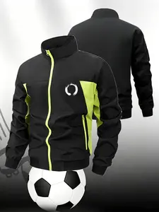Contrast Panel Athletic Track Jacket Men Minimalist Circle Print Long Sleeve Full Zipper Soccer Training Running Outerwear Casual Outdoor Sports Fitness Coat