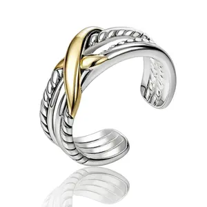RYQEN Two-Tone X Cross Ring – Silver & Gold Twisted Cable Open Band, Modern Designer Jewelry Christmas Gift