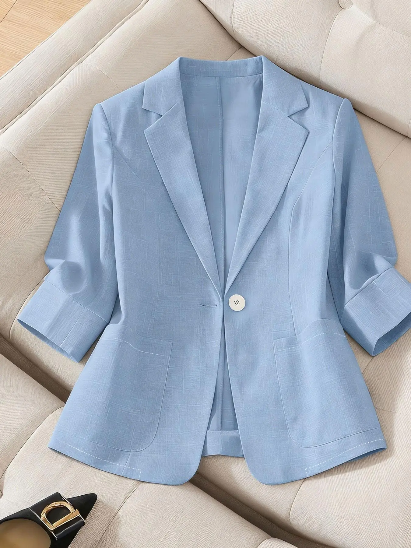 A women's solid color lightweight elegant high-end three-quarter sleeve Fitted Notched Lapel Trendy Office Blazer Jacket Formal Workwear, suitable for spring and summer, ideal for commuting and daily wear, Minimalist.