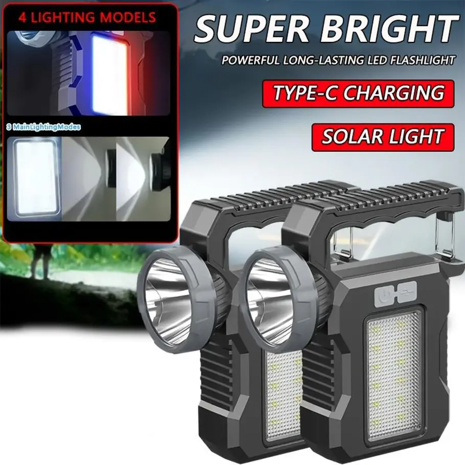 2 Pack Solar Flashlight Rechargeable By Solar And USB Portable LED Torch With 4 Lighting Modes Suitable For Fishing Camping Power Outage Emergency Warning Outdoor Activities