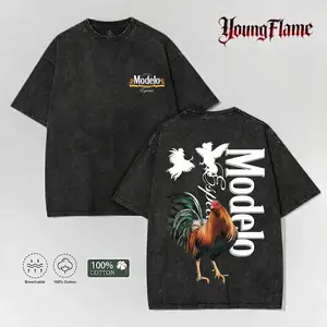 YoungFlame Modelo Especial Acid Wash T-Shirt | Vintage Rooster Graphic Tee | Heavyweight 100% Cotton Summer Streetwear 2026 outdoorfun short-sleeved men t-shirt gift