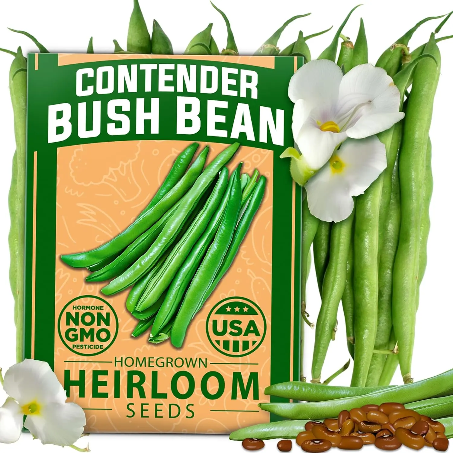 Contender Bush Bean Seeds Pack – Heirloom Green Bean Vegetable Seeds for Planting, Emergency Food Supply (Phaseolus vulgaris)