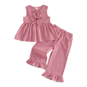 Toddler Baby Girl Red Gingham Outfit Checkered Plaid Sleeeveless Bow Tie Front Peplum Tank Tops Ruffle Pants Summer Clothes
