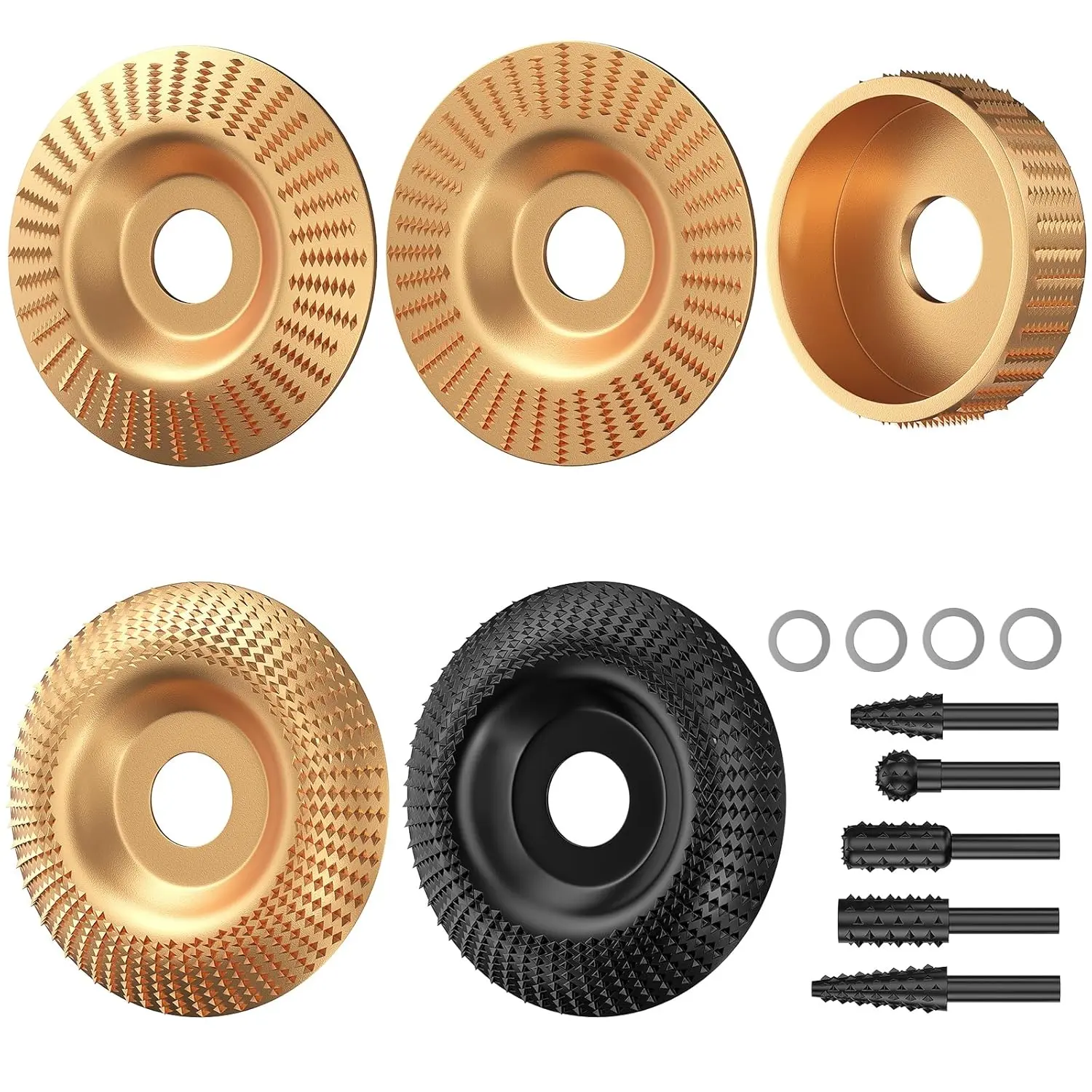 14Pcs Carbon Steel Angle Grinder Wood Carving Discs (Clog-Resistant Tooth Design) + 5 Different Rotary Files, 4"-4.5" Wood Grinding Wheels, 5/8" Adapter Rings for 5/8" or 7/8" Shafts, Building Supplies for Home Improvement (Spoon Carving Fit)