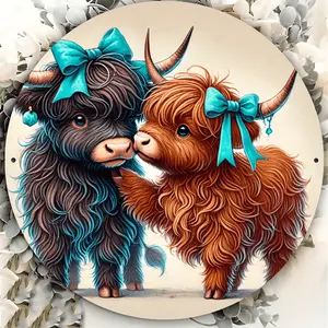 Charming Highland Cattle Metal Sign Round Wall Art Durable 8 Inch Decor Perfect for Bars Cafes and Clubs