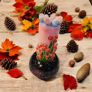 Candle Holder with Floral Design, Pine Cones, and Red Holly Accents, Ideal for Candles and Decor