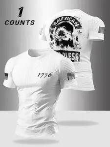 Men's Casual Textured Round Neck T-Shirt, Comfortable Breathable Fabric with Flag Eagle Design, Fashionable Multi-Color Options