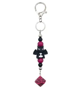 La Luna Blu Handbags DND D10 Dice & Black DRAGON Keychain - Metal Alloy, Silicone, Resin - Burgundy Fantasy Magic Tabletop RPG Gamer Gift Bag Charm