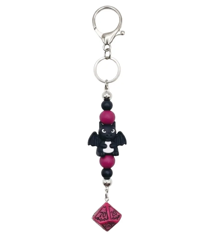 La Luna Blu Handbags DND D10 Dice & Black DRAGON Keychain - Metal Alloy, Silicone, Resin - Burgundy Fantasy Magic Tabletop RPG Gamer Gift Bag Charm