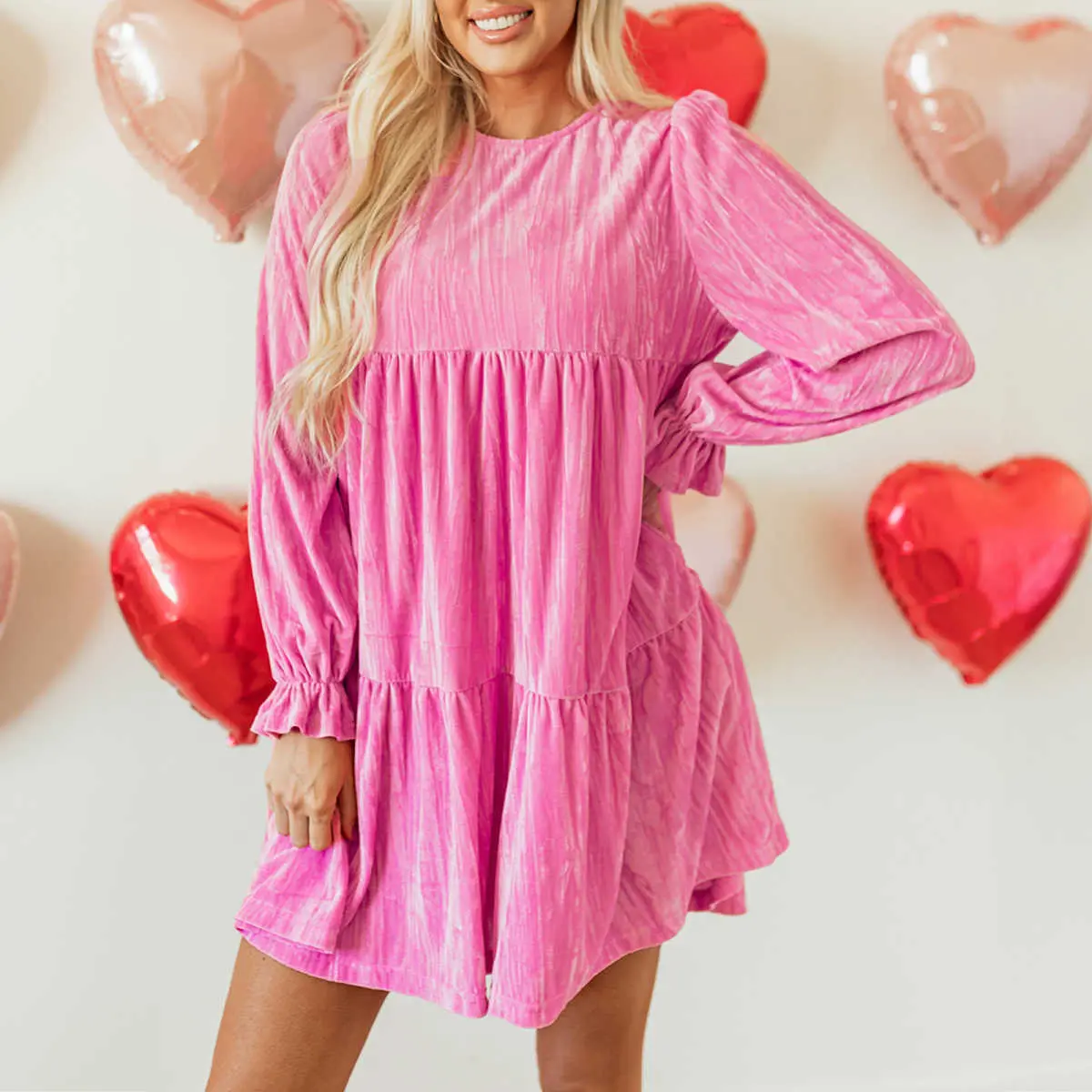 Strawberry Pink Flounce Sleeve Tiered Ruffled Velvet Mini Dress