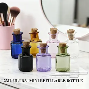 7pcs 2ML Ultra-Mini Refillable Glass Dispensing Bottles, Wooden Stoppers & Droppers, Travel-Friendly for Toner, Lotion, Essence, Cream, Essential Oil