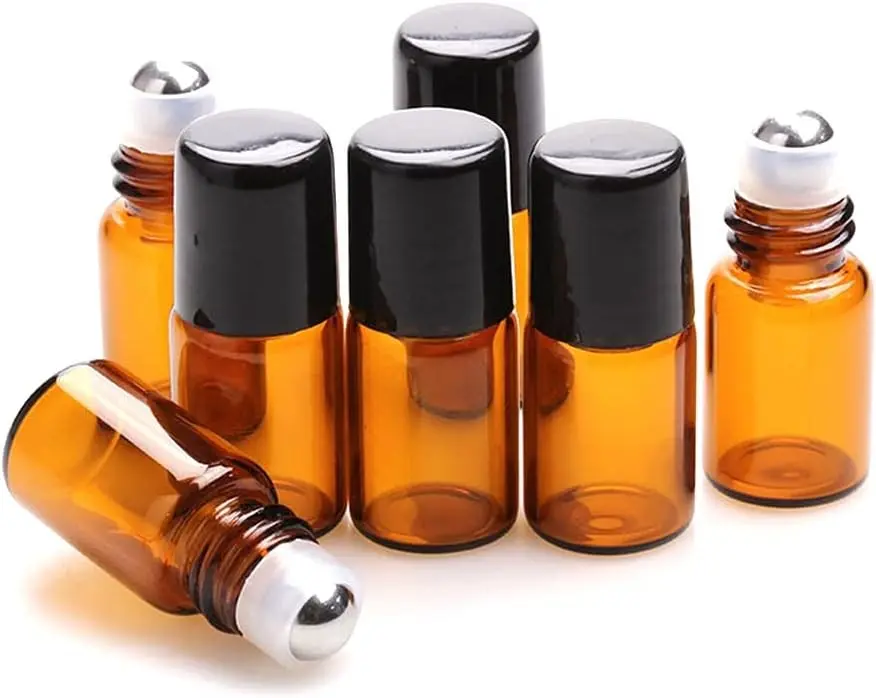 Furnido 25 Pack 2ml Amber Glass Roll on Bottle For Essential Oils,Perfume Vial with Stainless Steel Roller Ball,Black Caps Mini Sample Vials Cosmetics Small Container