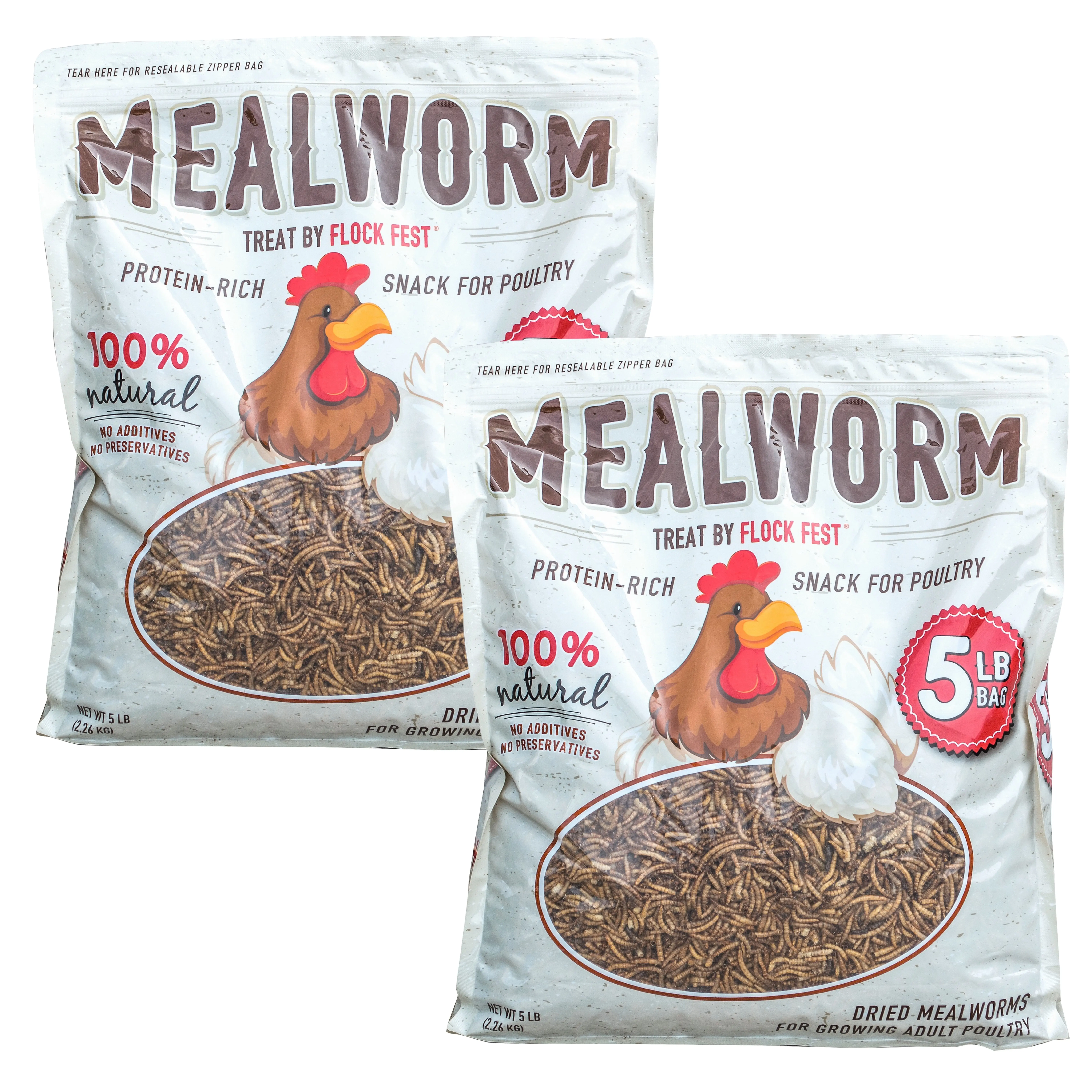 Flock Fest Protein-Rich Mealworms Bird Food, 2-Pk Resealable 5 lb Bags, High-Energy Poultry Treat, Promotes Growth, Long Shelf Life
