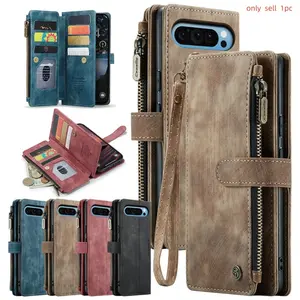 Zipper Wallet Case for Google Pixel 10 10A 9 9A Pro XL 8 8A 8Pro Flip Case Strap Magnetic Kickstand Cards Slot Phone Cover