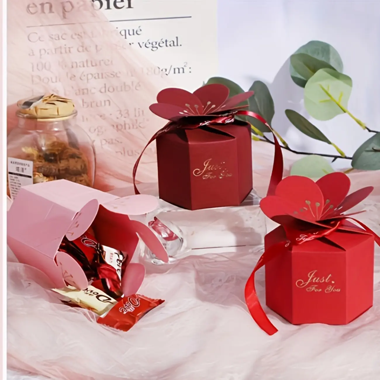 50 Creative Petal Happy Candy Boxes for Weddings, Elegant Hexagonal Gift Boxes with Ribbons, Decorative Wedding Favor Packaging