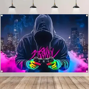 Neon Cyberpunk Gamer Backdrop Banner, Video Game Party Decorations, Hooded Player Gaming Wall Hanging, Durable Polyester Fabric Photo Booth Prop, Reusable Easy to Clean, Perfect for Game Room, Birthday, Live Stream, Man Cave, Gift for Gamers