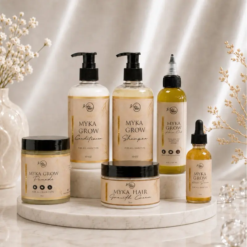 Myka Grow Full Set , 10 oz Shampoo & Conditioner for Healthy Hair Growth , 8 oz Pomade , 4 oz Hair Growth Oil ,5 oz hair Growth Cream , 2oz Hair Growth Serum