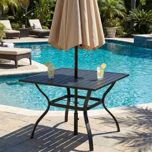 37.01" Square Outdoor Patio Dining Table, Slatted Top Steel Bistro Table with Umbrella Hole, Rust-Resistant Outdoor Table for Garden, Backyard, Balcony & Poolside