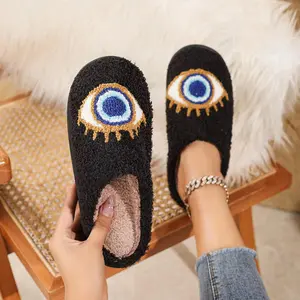 Black Evil Eye Fuzzy Round Toe Memory Foam Slippers winter soft slippers