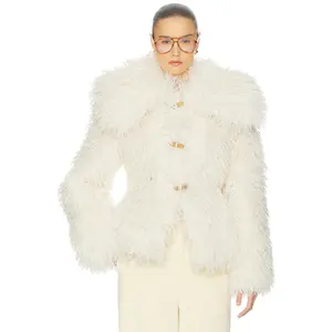 Helsa Dramatic Collar Faux Shearling Jacket in Ivory