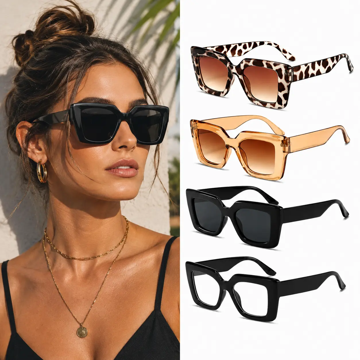 4 Pack Oversized Square Sunglasses for Women, Semi Rimless Fashion Eyewear Set, Trendy Black Frame Sunglasses for Travel, Beach & Everyday Wear