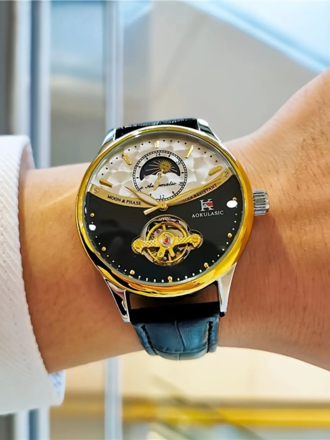 Luxury Men's Automatic Mechanical High End Watch, Automatic Wristwatch, High Realism Hollow Design, Band, Alloy Case, Mineral Glass Elegant Analog Dial, No Battery Required