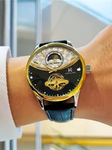 Luxury Men's Automatic Mechanical High End Watch, High Realism Hollow Design, Band, Alloy Case, Mineral Glass Dial, No Battery Required