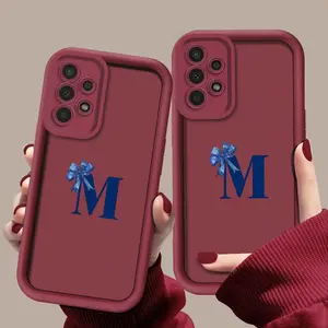 A Simple Blue Bowknot Letter M Pattern Phone Case, TPU Shockproof Full Protection Case, Suitable for Samsung S21/22/23/24/25/NOTE20 PLUS ULTRA FE A13/14/15/16/17/33/34/35/36/52/53/54, Ideal Gift for Friends and Family, T194