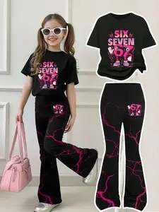 Girls' Trendy Number 67 Lightning Bell Bottoms Set, Round Neck Short Sleeve + Bell Bottoms, Casual Fit, All Seasons, Casual Fashion Set