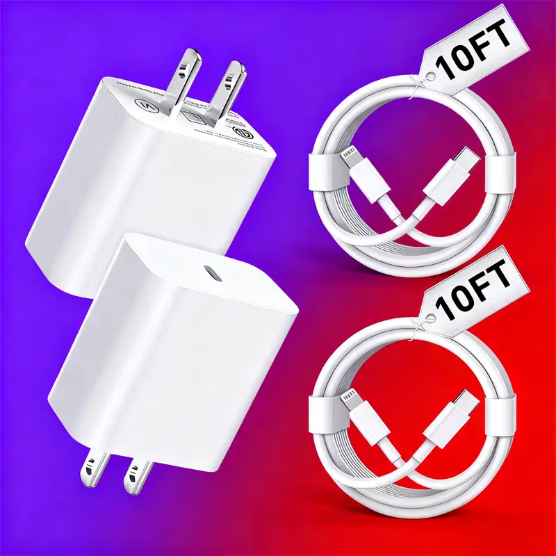 Fast Charger Set - 2 Charging Blocks, 2 Extended USB-C-PD to Lightning Cables (6FT, 10FT) | Compatible with iPhone 14 Plus/14 Pro Max/13 Mini/12/11/XS for Mobile Devices, Yes, Cellphone, Electronic, 2 Piece Set, Extended Cable