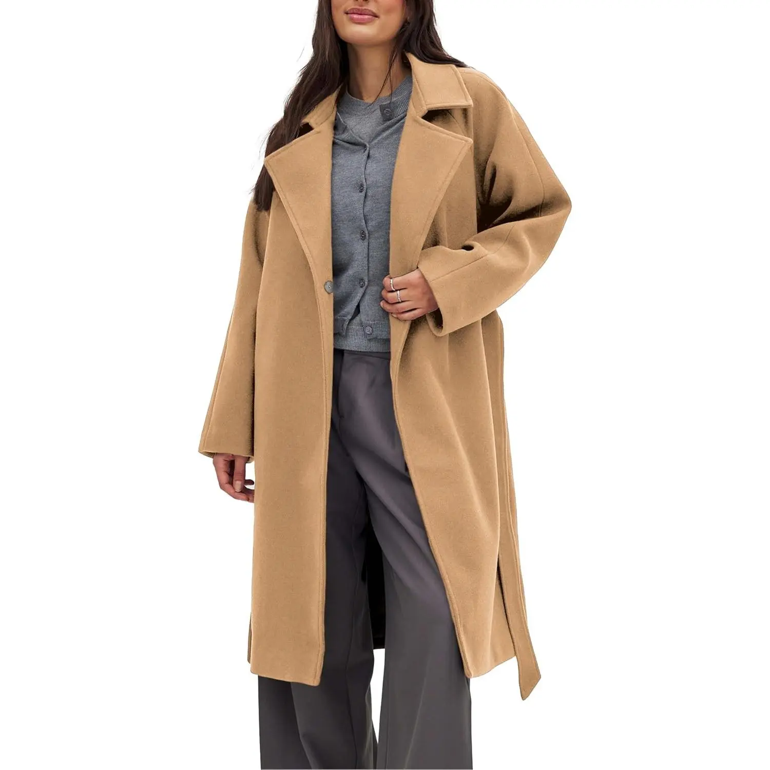 Belted Coat for Women Winter Classic Loose Open Front Notch Lapel Trench Peacoat Long Outwear with Pockets