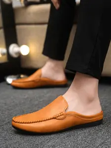 Men's Summer Breathable Slip-On Flat Shoes, PU Leather Rubber Round Toe Loafers, Casual All-Season Footwear, Comfortable Daily Commute Slippers, PU Leather Mules