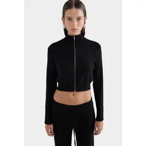 Cropped Linen Zip Up Jacket - Black