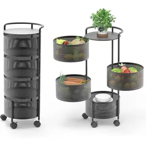 Rotating Kitchen Storage Rack No Assembly, 4-Tier Metal Storage Tower Basket Shelves Organizer on Rolling Wheels with Removal Drawers for Fruit Vegetable Grocery Corns Potato Onion (4-Tier, Black)