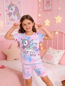 Girls Cute Cartoon Pattern 2-Piece Pastel Cute Pajamas Spring Short Sleeve Top and Shorts Pajama Set, Lightweight Home Sleepwear for Toddlers and Kids