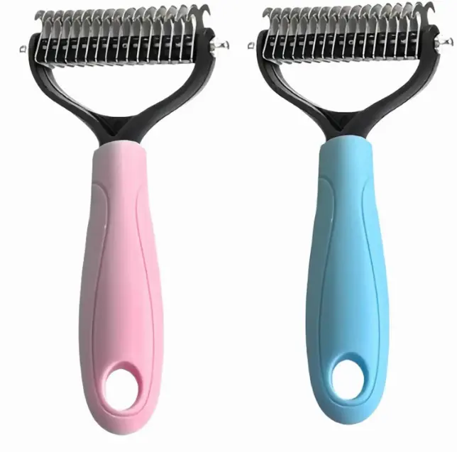 Pet Combs Professional Pet Deshedding Brush 2 Sided Dematting Dog Comb Cat Brush Rake Puppy Grooming Tools Undercoat Shedding Flying Hair(Blue )