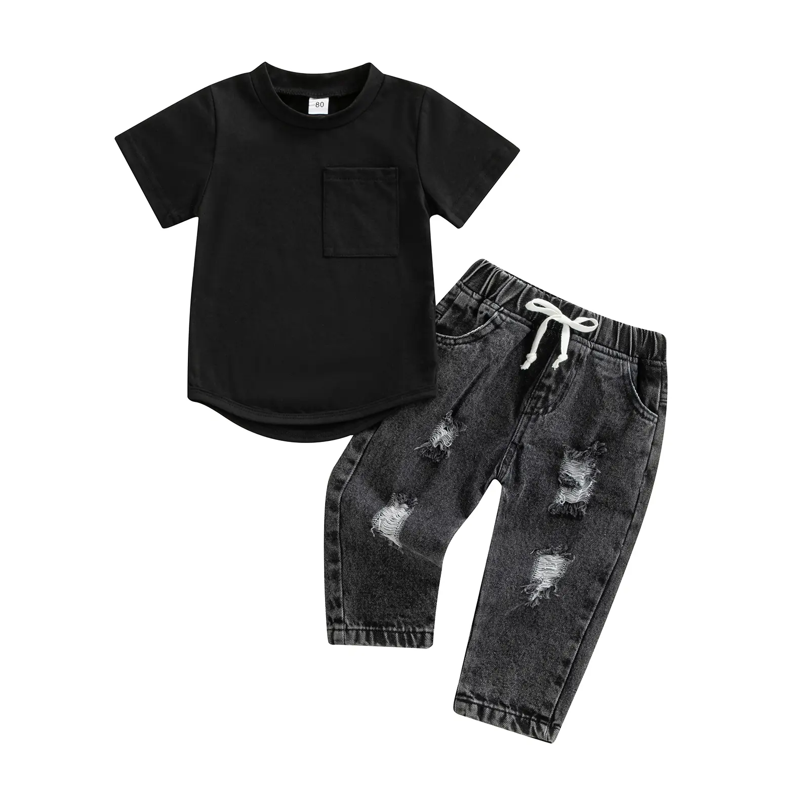 0-3 Years Infant Baby Boys 2 Pieces Outfits, Solid Color Round Neck Short Sleeve T-Shirt Tops + Ripped Jeans Denim Pants Set